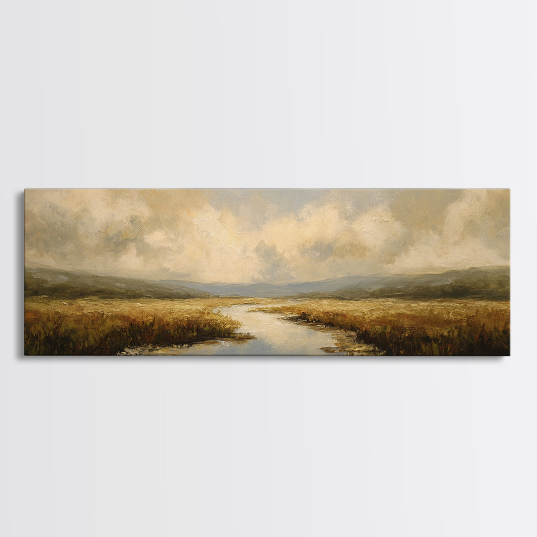 Classic Landscape with Winding River and Atmospheric Framed Canvas Print, Art, Digital Art, Living Room Decor, Fine Art, ART-3x1-67