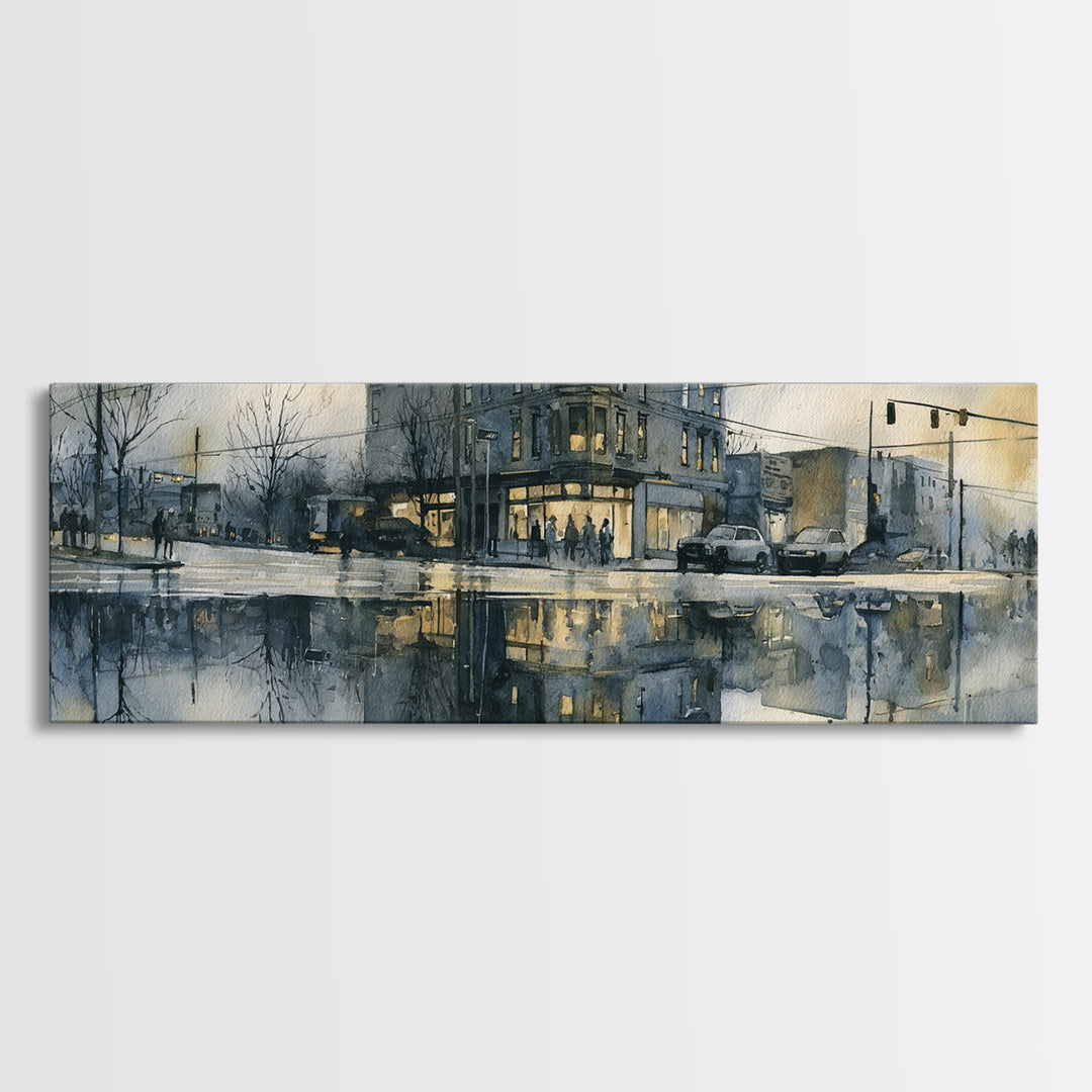 Moody City Scene Reflected Framed Canvas Print, Art, Art Deco, Living Room Decor, Oil Painting, Printable Art, ART-3x1-74