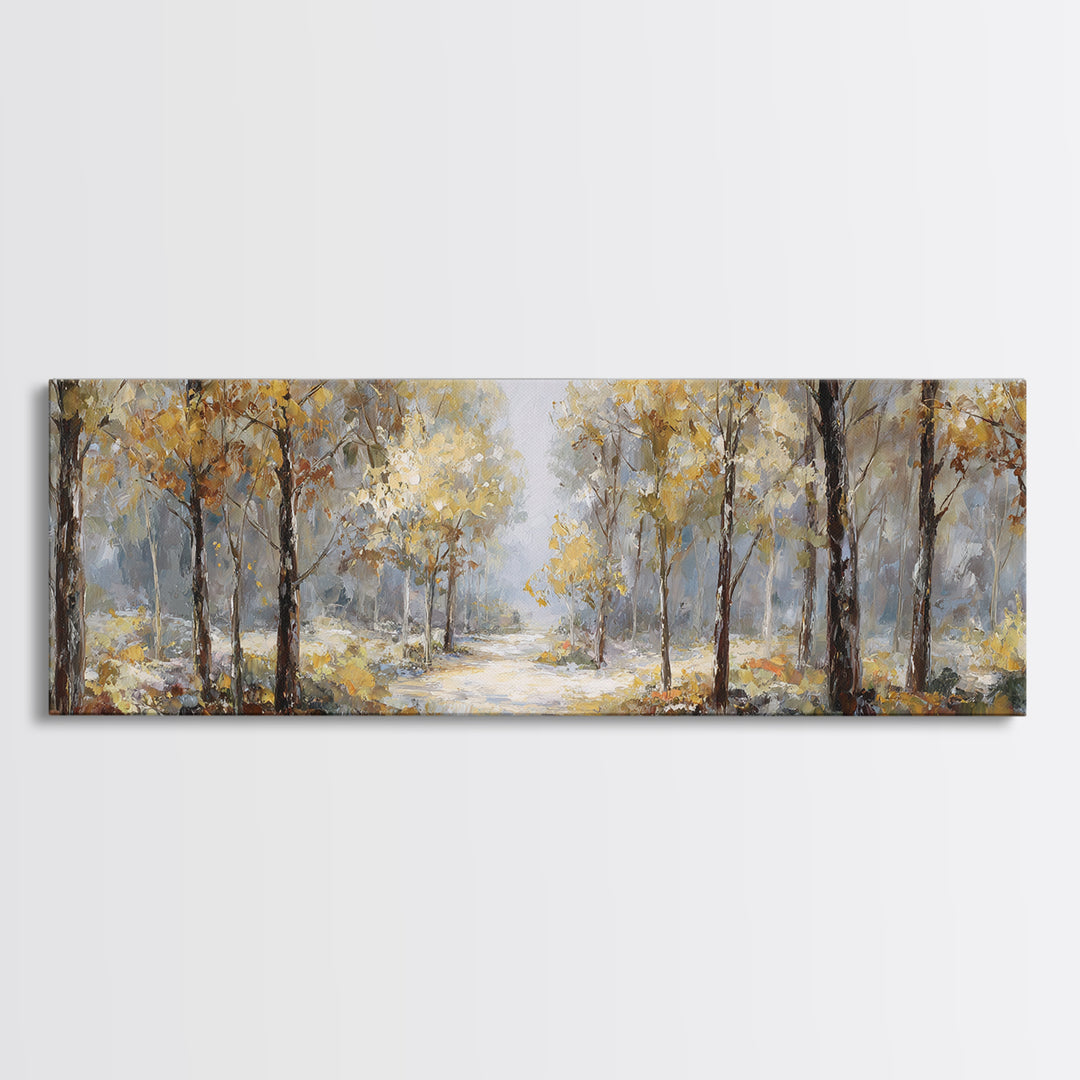 Woodland Path with Golden Autumn Atmosphere Framed Canvas Print, Art, Art Print, Living Room Decor, Fine Art, ART-3x1-87