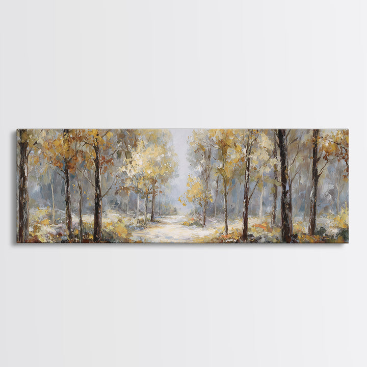 Woodland Path with Golden Autumn Atmosphere Framed Canvas Print, Art, Art Print, Living Room Decor, Fine Art, ART-3x1-87