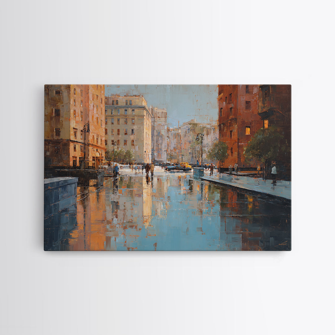 Moody City Scene Reflected Framed Canvas Print, Art, Living Room Decor, Fine Art, Art Nouveau, Framed Wall Art, ART-3x2-14
