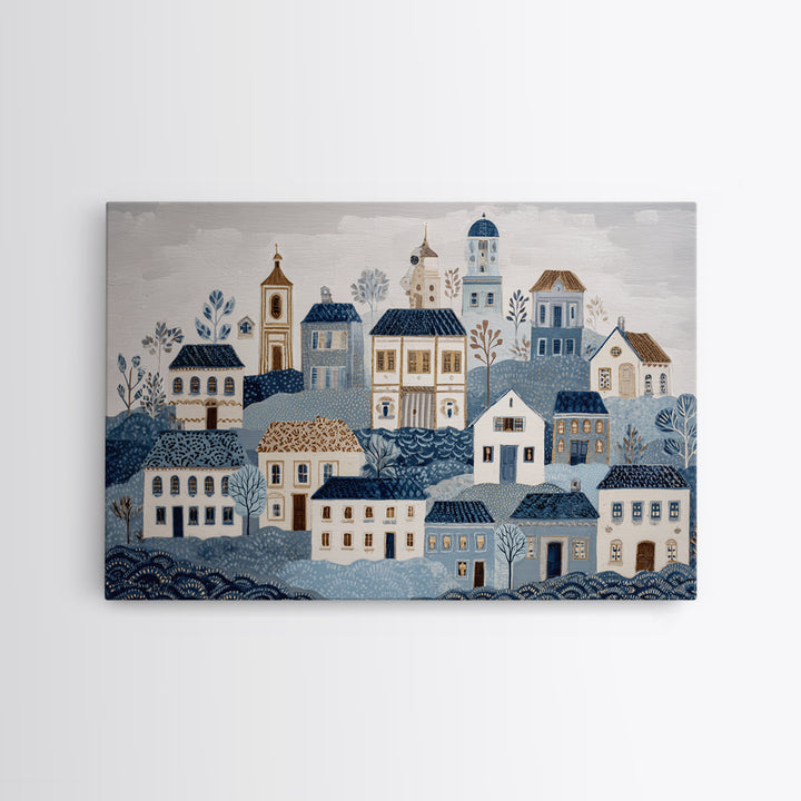 Naive Folk Art Village Framed Canvas Print, Art, Wall Art Prints, Living Room Decor, Fine Art, Ai Art, Textured Wall Art, ART-3x2-24