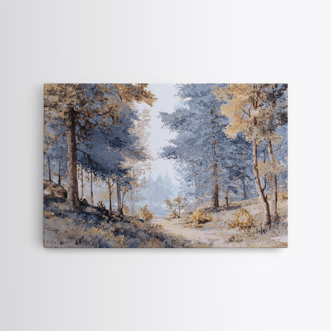 Woodland Path with Golden Autumn Atmosphere Framed Canvas Print, Art, Art Commission, Living Room Decor, Fine Art, ART-3x2-27