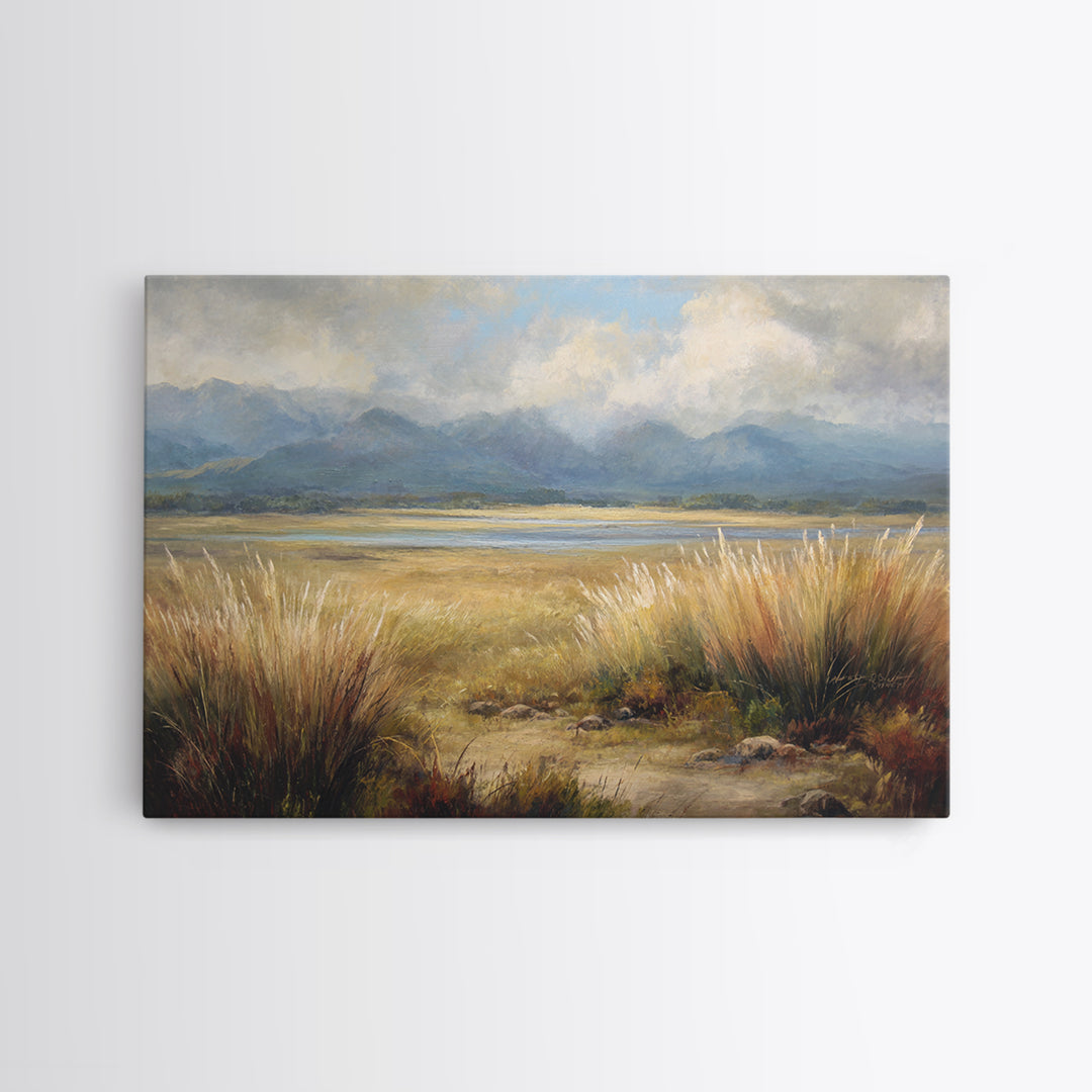 Quiet Mountain Scene Framed Canvas Print, Art, Canvas Wall Art, Living Room Decor, Fine Art, Boho Wall Art, Pink Wall Art, ART-3x2-45