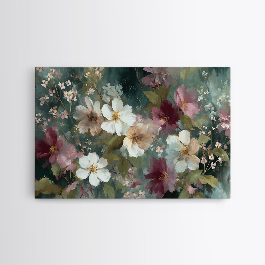 Painterly Meadow with Loose Impressionist Flowers Canvas Print, Art, Pink Wall Art, Living Room Decor, Watercolor Art, ART-3x2-67
