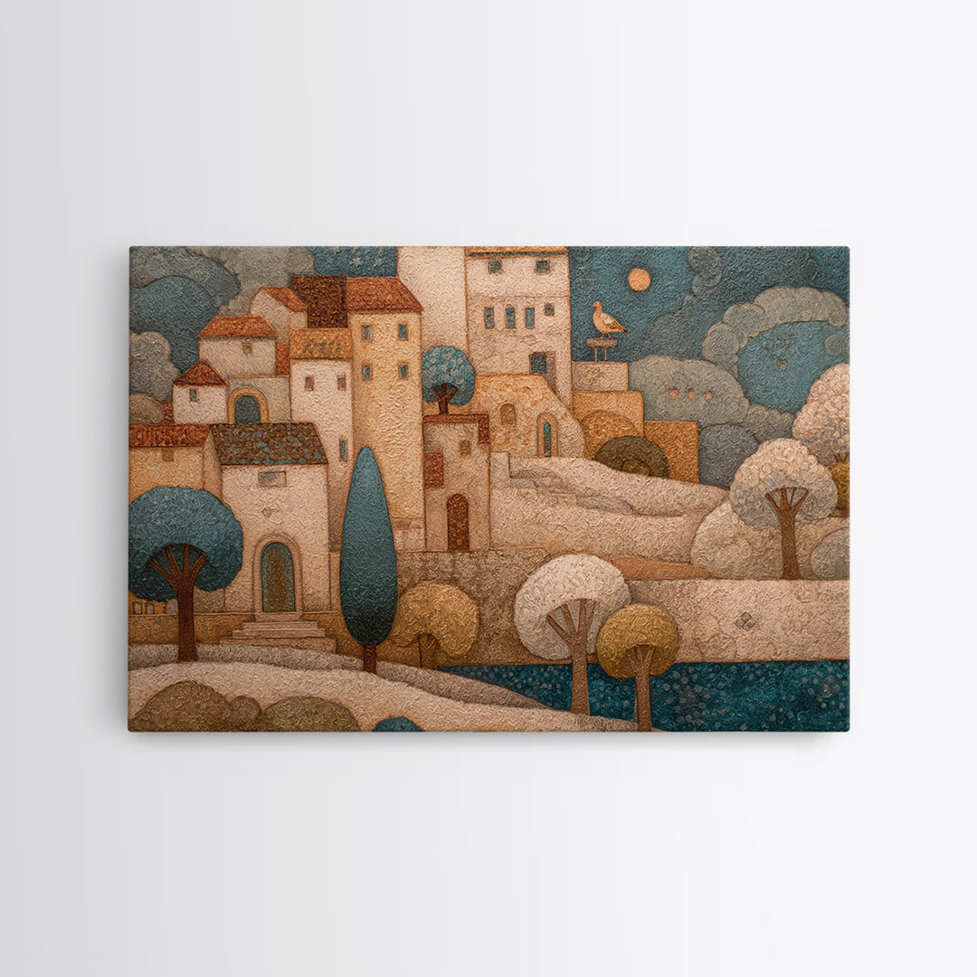 Naive Folk Art Village Canvas Print, Art, Prints Wall Art, Living Room Decor, Fine Art, Fine Art Print, Statement Artwork, ART-3x2-72