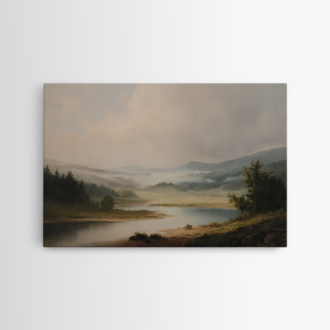 Classic Landscape with Winding River and Atmospheric Framed Canvas Print, Art, Framed Wall Art, Living Room Decor, Fine Art, ART-3x2-79