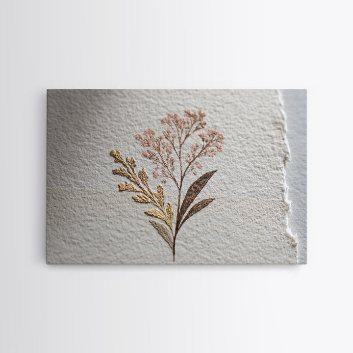 Minimal Botanical Ink Drawing on Handmade Paper Framed Canvas Print, Art, Ai Art, Living Room Decor, Watercolor Art, ART-3x2-81