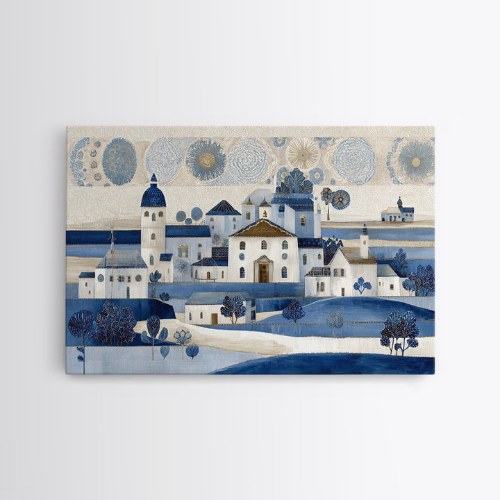 Naive Folk Art Village Framed Canvas Print, Art, Pink Wall Art, Living Room Decor, Fine Art, Textured Painting, ART-3x2-96