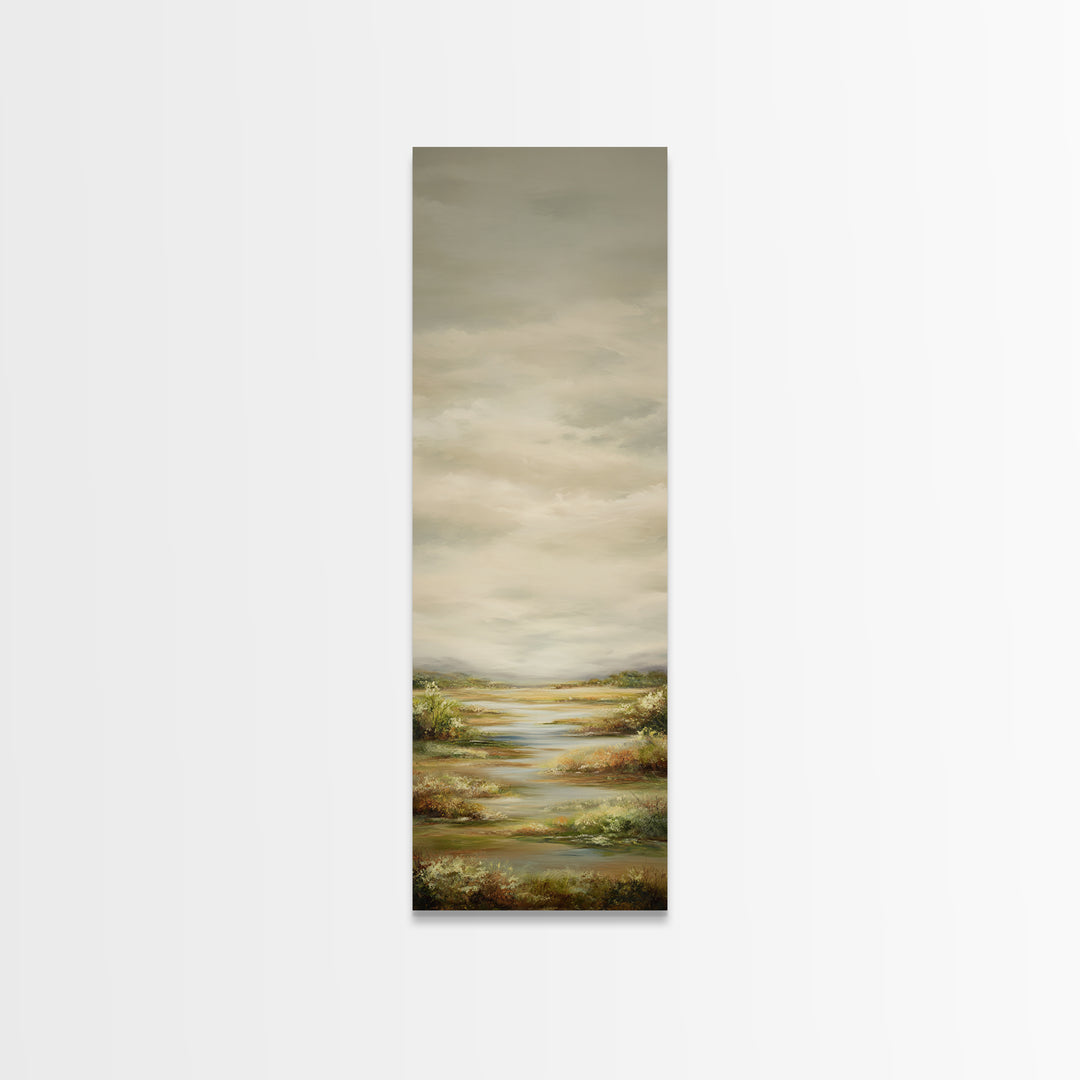 Wide Olive and Beige Meadow Panorama Framed Canvas Print, Above Sofa Art, Coastal Wall Art, Living Room Decor, Statement, ASA-1x3-70