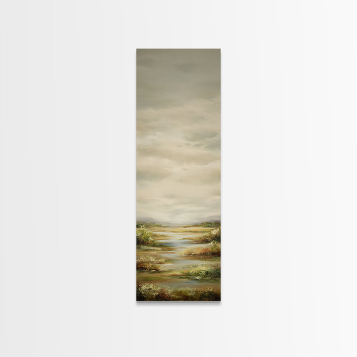 Wide Olive and Beige Meadow Panorama Framed Canvas Print, Above Sofa Art, Coastal Wall Art, Living Room Decor, Statement, ASA-1x3-70