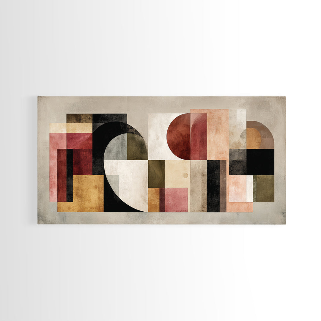 Bold Mid Century Geometric Forms Framed Canvas Print, Above Sofa Art, Textured Painting, Living Room Decor, Fine Art, Statement, ASA-2x1-24