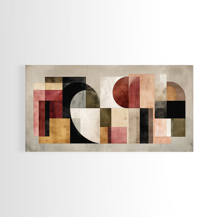 Bold Mid Century Geometric Forms Framed Canvas Print, Above Sofa Art, Textured Painting, Living Room Decor, Fine Art, Statement, ASA-2x1-24