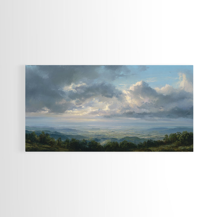 Dramatic Cloudscape over a Distant Valley Framed Canvas Print, Above Sofa Art, Living Room Decor, Oil Painting, Statement, ASA-2x1-25