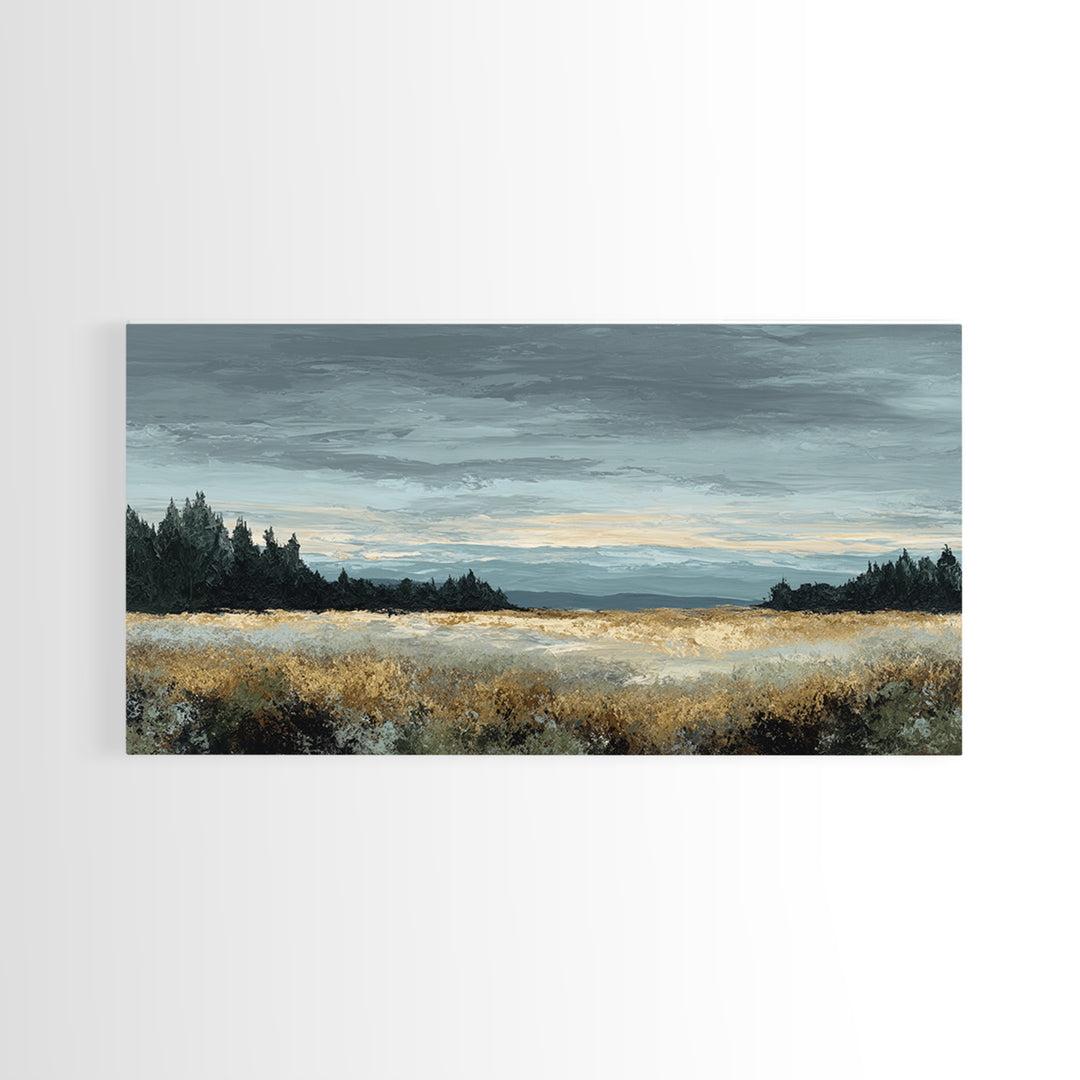 Wide Olive and Beige Meadow Panorama Framed Canvas Print, Above Sofa Art, Modern Decor, Living Room Decor, Oil Painting, ASA-2x1-30