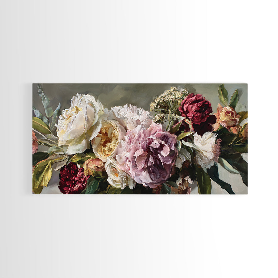 Large Expressive Floral Bouquet Framed Canvas Print, Above Sofa Art, Luxury Decor, Living Room Decor, Oil Painting, Statement, ASA-2x1-50