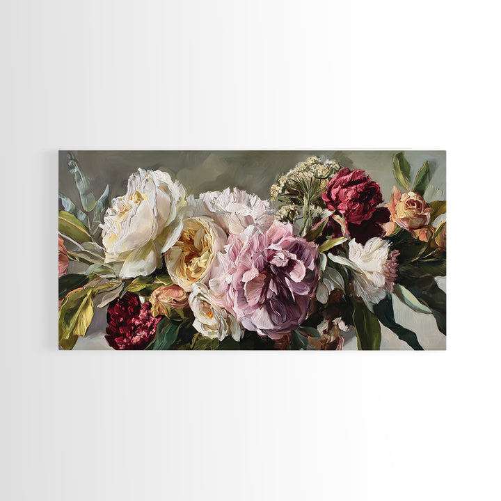 Large Expressive Floral Bouquet Framed Canvas Print, Above Sofa Art, Luxury Decor, Living Room Decor, Oil Painting, Statement, ASA-2x1-50
