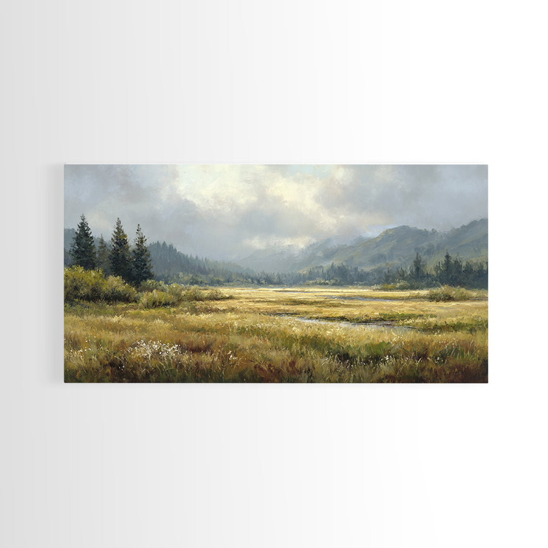 Wide Olive and Beige Meadow Panorama Framed Canvas Print, Above Sofa Art, Modern Decor, Living Room Decor, Oil Painting, ASA-2x1-6