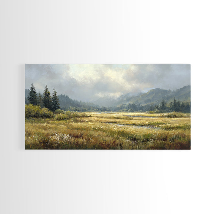 Wide Olive and Beige Meadow Panorama Framed Canvas Print, Above Sofa Art, Modern Decor, Living Room Decor, Oil Painting, ASA-2x1-6