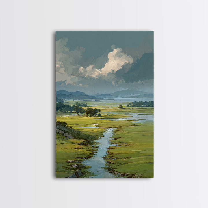 Wide Olive and Beige Meadow Panorama Framed Canvas Print, Above Sofa Art, Living Room Decor, Oil Painting, Statement, ASA-2x3-90
