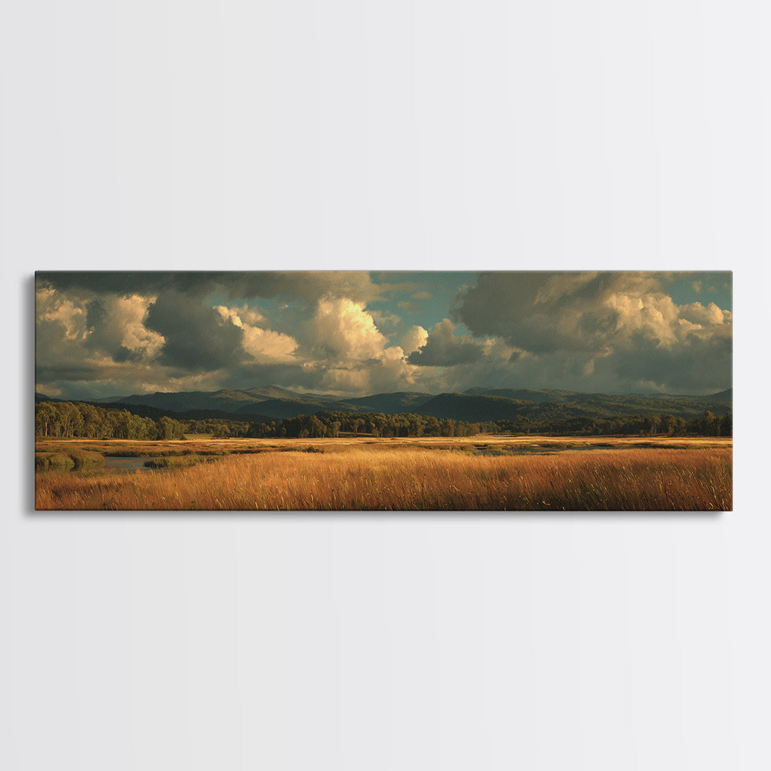 Wide Olive and Beige Meadow Panorama Framed Canvas Print, Above Sofa Art, Wall Art, Living Room Decor, Fine Art, Statement, ASA-3x1-2