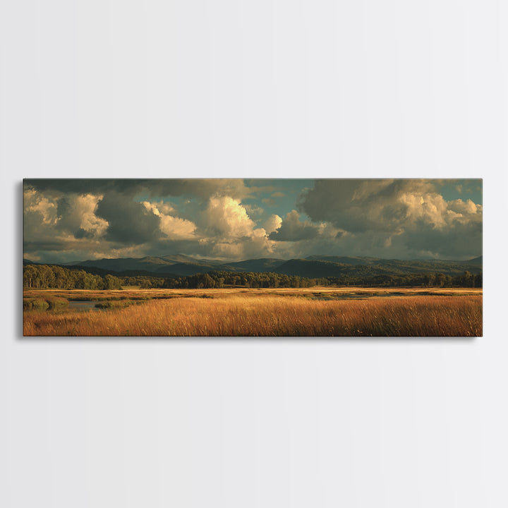 Wide Olive and Beige Meadow Panorama Framed Canvas Print, Above Sofa Art, Wall Art, Living Room Decor, Fine Art, Statement, ASA-3x1-2