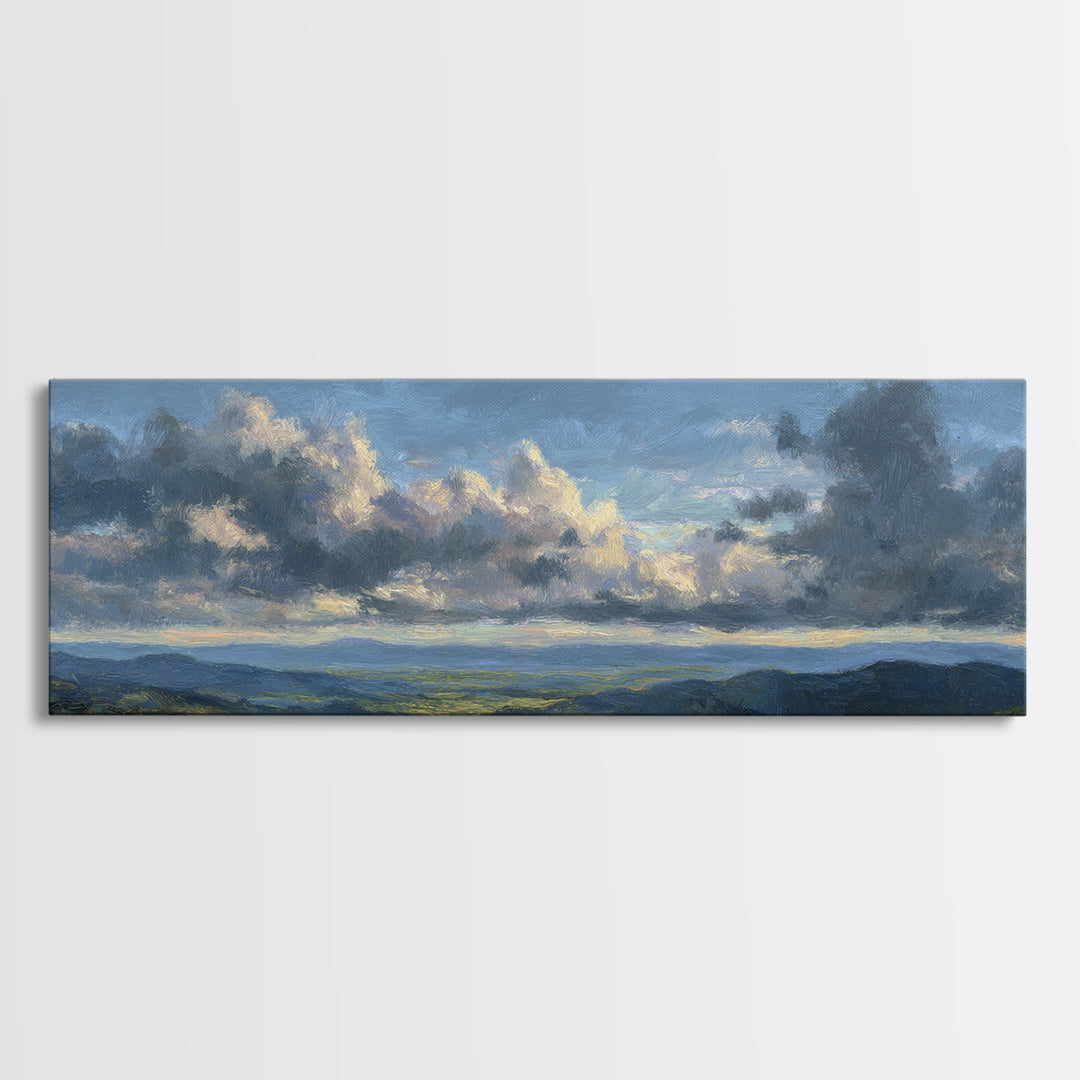 Dramatic Cloudscape over a Distant Valley Canvas Print, Above Sofa Art, Boho Wall Art, Living Room Decor, Watercolor Art, ASA-3x1-21