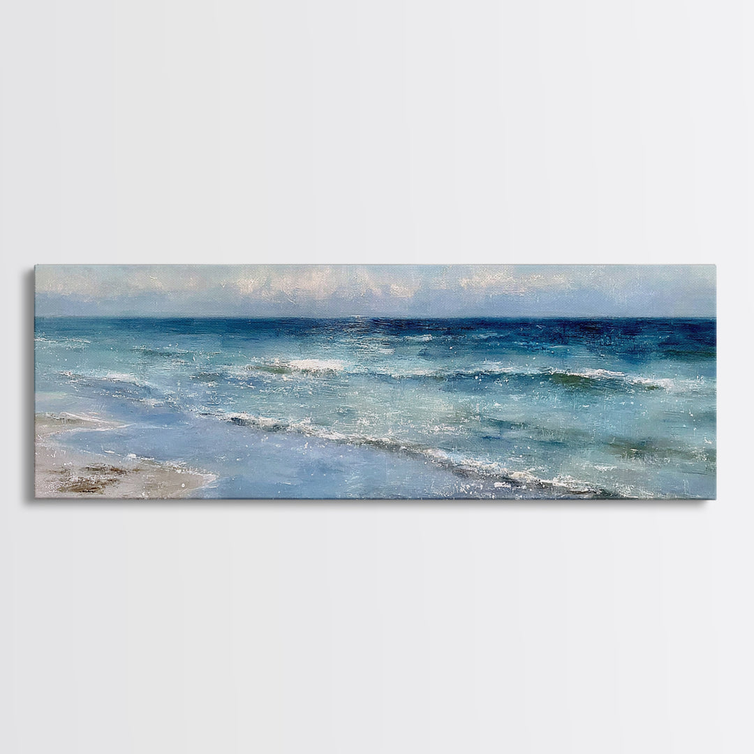 Moody Seascape at Twilight Framed Canvas Print, Above Sofa Art, Modern Art, Living Room Decor, Oil Painting, Statement, ASA-3x1-28