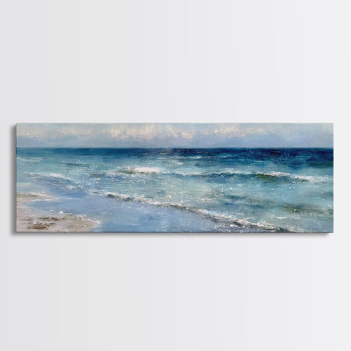 Moody Seascape at Twilight Framed Canvas Print, Above Sofa Art, Modern Art, Living Room Decor, Oil Painting, Statement, ASA-3x1-28