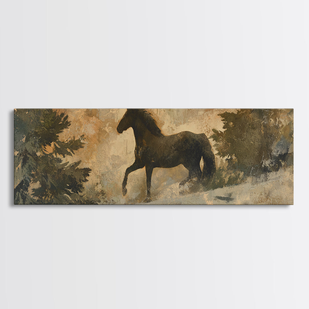 Statement Horse Silhouette Canvas Print, Above Sofa Art, Farmhouse Decor, Living Room Decor, Oil Painting, Statement, ASA-3x1-29