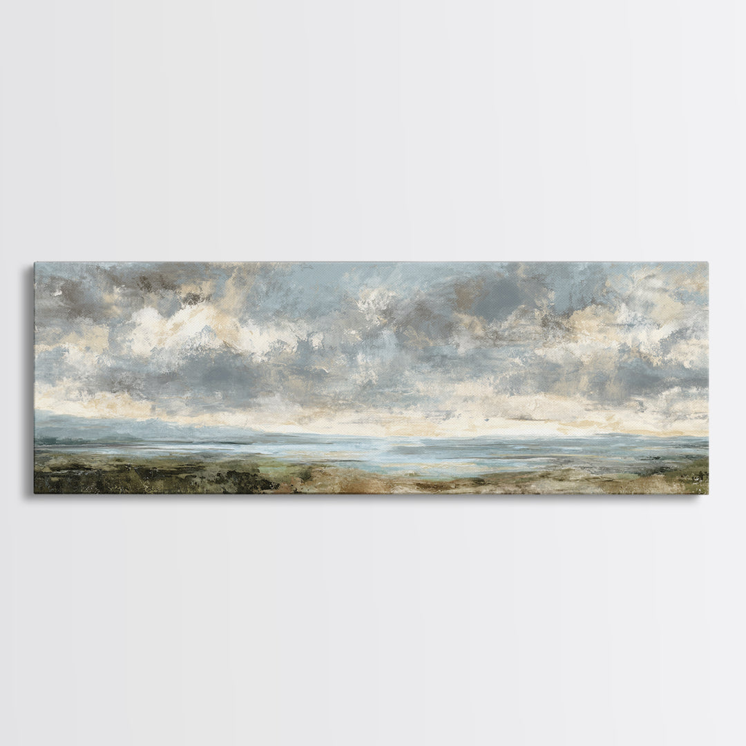 Dramatic Cloudscape over a Distant Valley Canvas Print, Above Sofa Art, Boho Wall Art, Living Room Decor, Watercolor Art, ASA-3x1-45