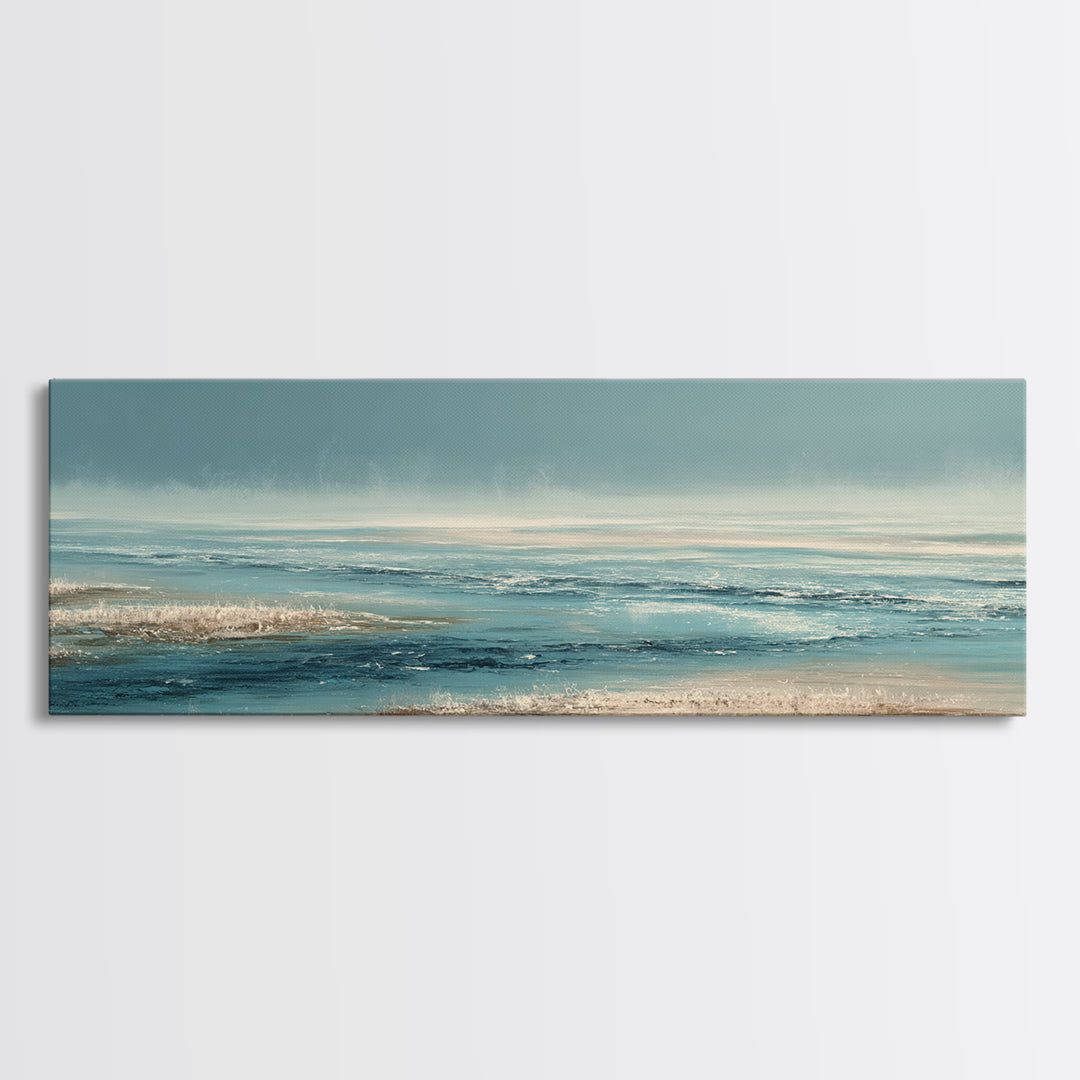 Moody Seascape at Twilight Framed Canvas Print, Above Sofa Art, Luxury Decor, Living Room Decor, Abstract Art, Statement, ASA-3x1-52