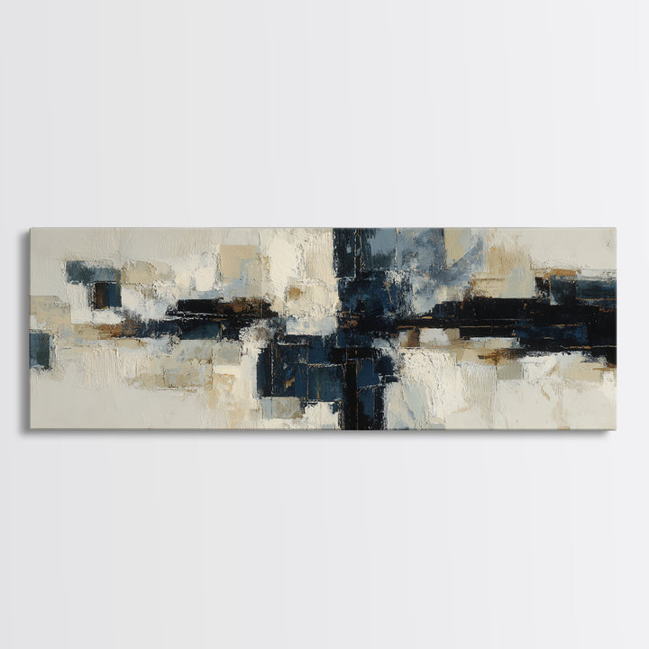 Bold Navy and Ivory Abstract Brushwork Framed Canvas Print, Above Sofa Art, Farmhouse Decor, Living Room Decor, Statement, ASA-3x1-58