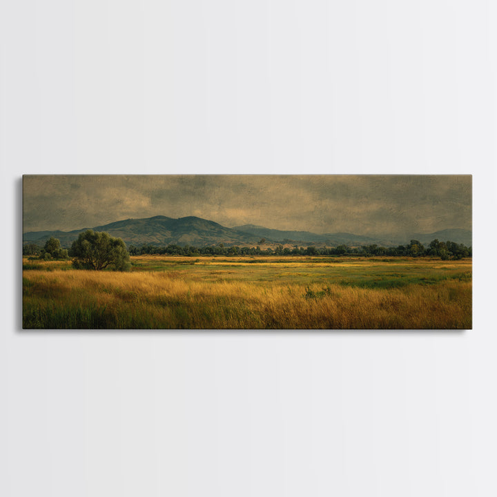 Wide Olive and Beige Meadow Panorama Framed Canvas Print, Above Sofa Art, Boho Wall Art, Living Room Decor, Fine Art, Statement, ASA-3x1-74