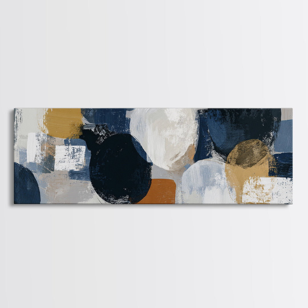 Bold Navy and Ivory Abstract Brushwork Framed Canvas Print, Above Sofa Art, Farmhouse Decor, Living Room Decor, Statement, ASA-3x1-82