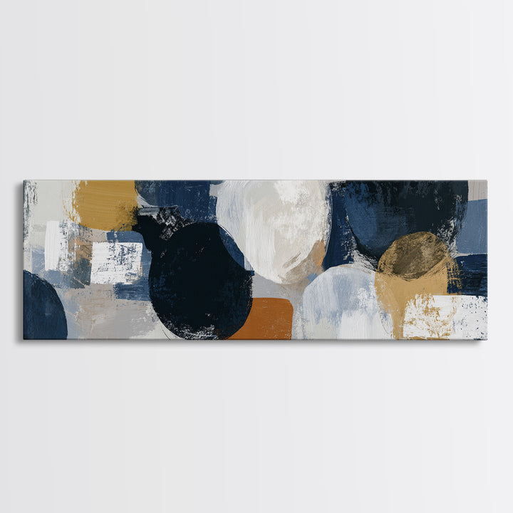 Bold Navy and Ivory Abstract Brushwork Framed Canvas Print, Above Sofa Art, Farmhouse Decor, Living Room Decor, Statement, ASA-3x1-82