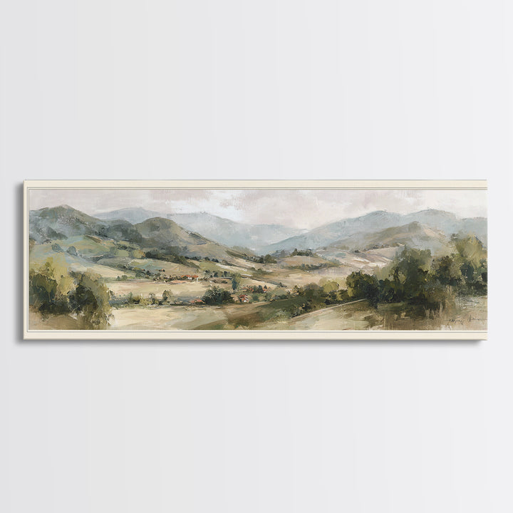 Sunlit Rolling Hills Framed Canvas Print, Above Sofa Art, Mid Century Modern, Living Room Decor, Fine Art, Statement, ASA-3x1-9