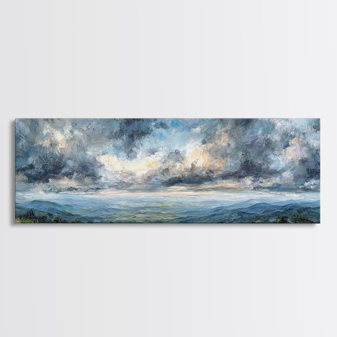 Dramatic Cloudscape over a Distant Valley Canvas Print, Above Sofa Art, Coastal Wall Art, Living Room Decor, Oil Painting, ASA-3x1-93