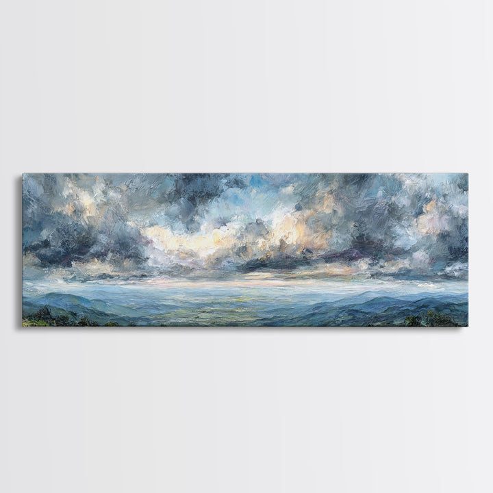 Dramatic Cloudscape over a Distant Valley Canvas Print, Above Sofa Art, Coastal Wall Art, Living Room Decor, Oil Painting, ASA-3x1-93