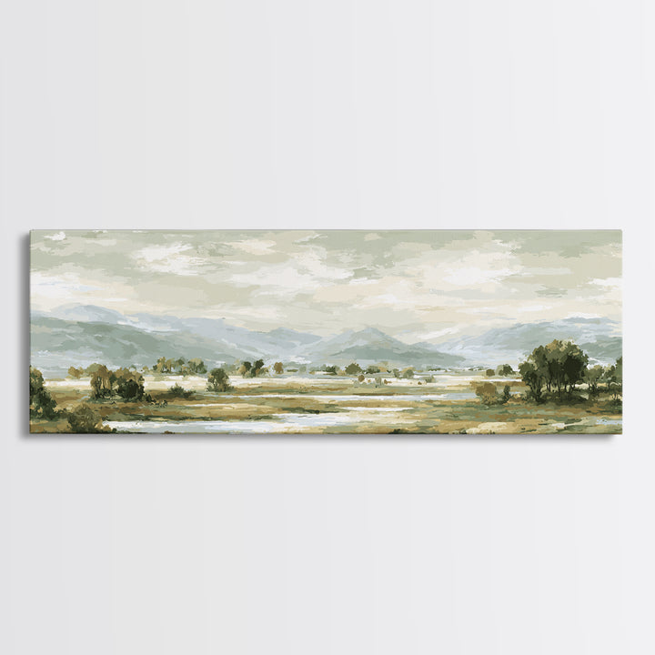 Wide Olive and Beige Meadow Panorama Canvas Print, Above Sofa Art, Canvas Print, Living Room Decor, Oil Painting, Statement, ASA-3x1-98