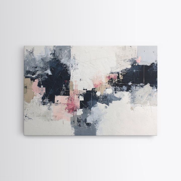 Bold Navy and Ivory Abstract Brushwork Framed Canvas Print, Above Sofa Art, Living Room Decor, Abstract Art, Statement, ASA-3x2-46