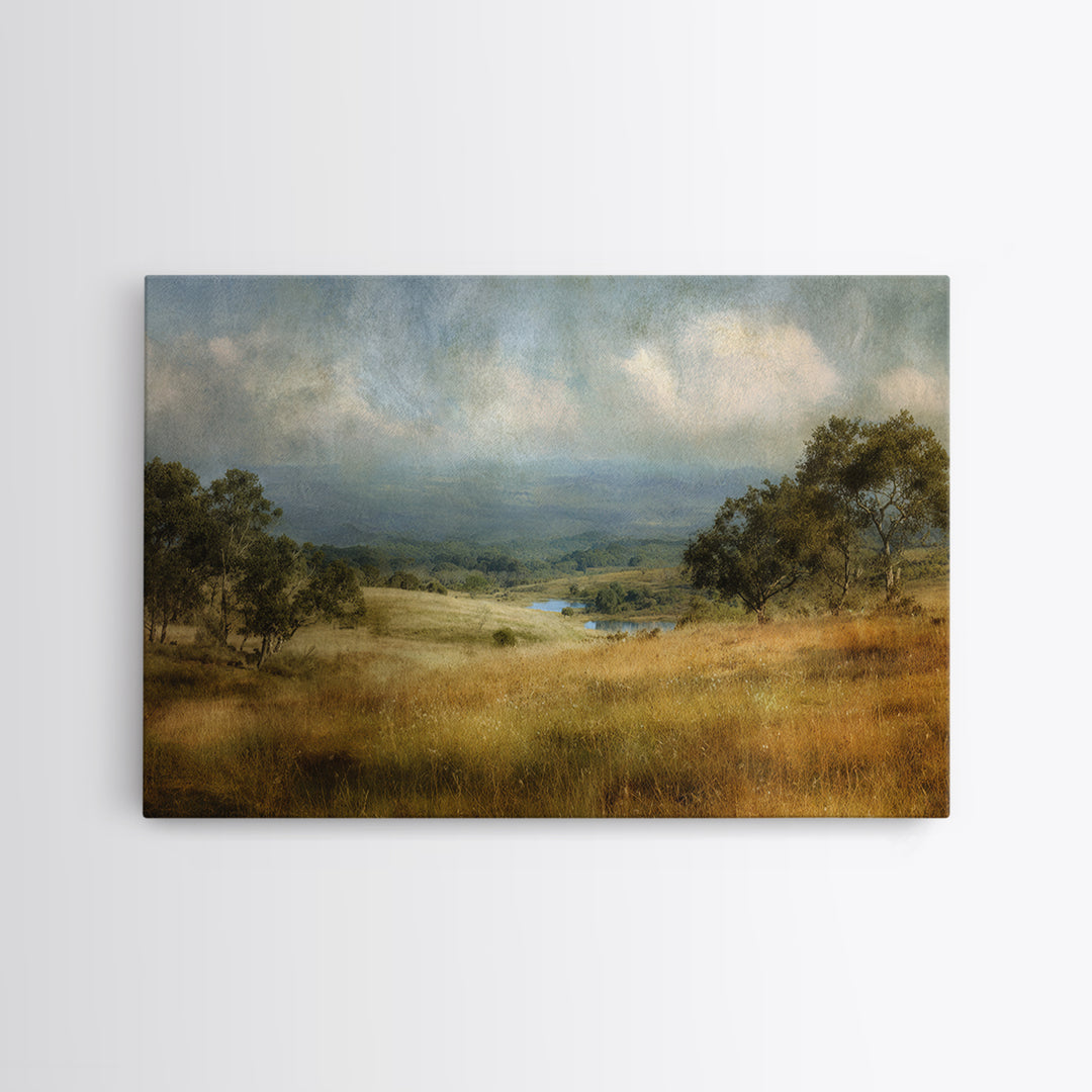 Wide Olive and Beige Meadow Panorama Framed Canvas Print, Above Sofa Art, Horizontal Wall Art, Living Room Decor, Statement, ASA-3x2-86