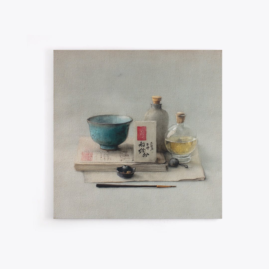 Tea Bowl and Steam Still Life on Canvas Print, Asian Inspired Art, Bird Art, Living Room Decor, Oil Painting, Harmony, ASI-1x1-15