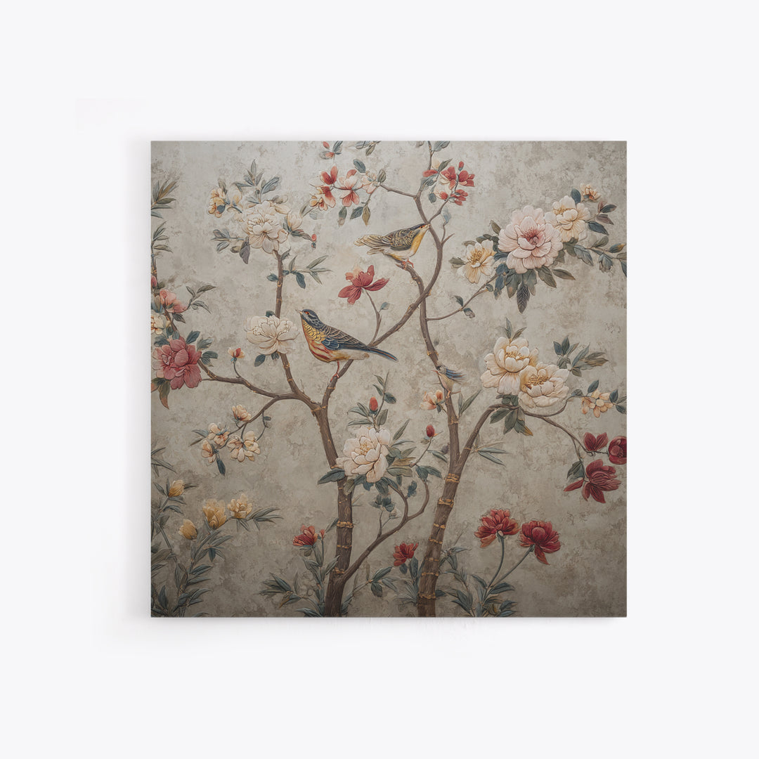 Fan Shaped Composition of Blossoms and Birds Canvas Print, Asian Inspired Art, Japanese Art Print, Living Room Decor, Harmony, ASI-1x1-17