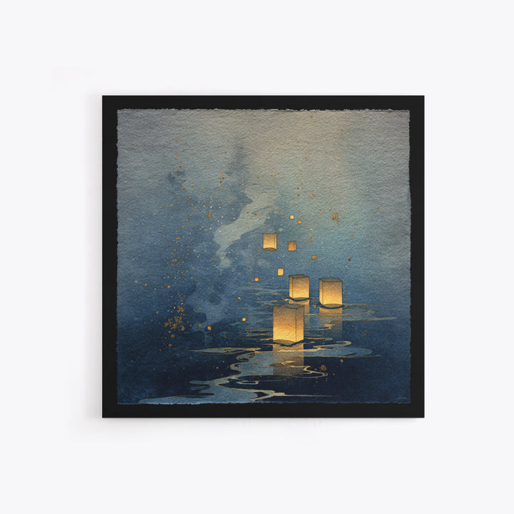 Floating Lanterns over Dark Water with Gentle Canvas Print, Asian Inspired Art, Bedroom Wall Decor, Living Room Decor, Harmony, ASI-1x1-19
