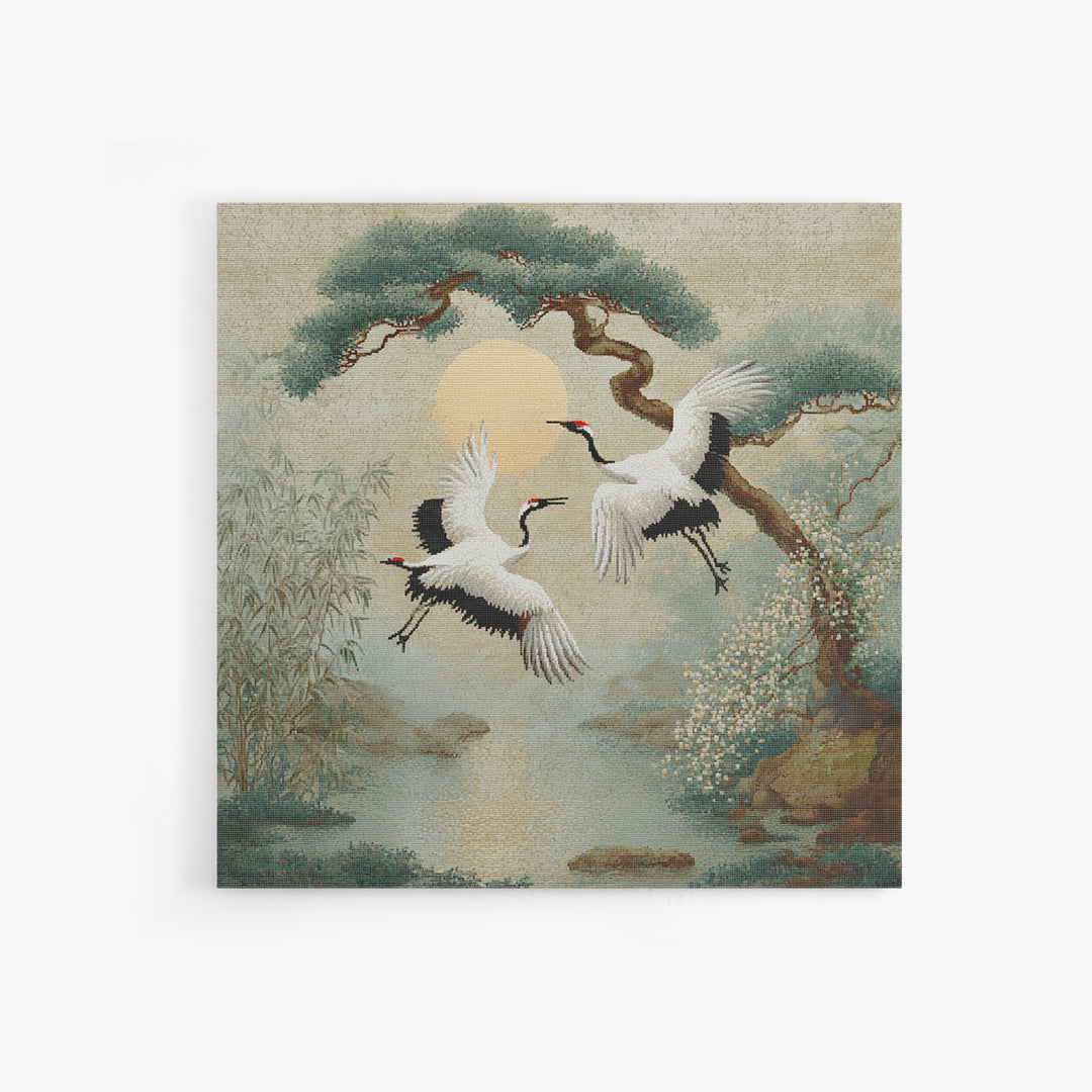 Red Crowned Cranes Flying Through Misty Pine Canvas Print, Asian Inspired Art, Modern Decor, Living Room Decor, Harmony, ASI-1x1-49