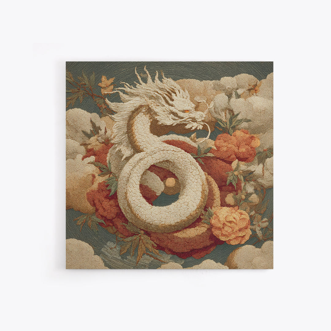 Dragon Curling Through Clouds Framed Canvas Print, Asian Inspired Art, Asian Wall Art, Living Room Decor, Oil Painting, Harmony, ASI-1x1-61