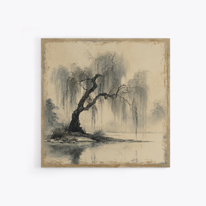 Willow Tree over a Reflective Pond Framed Canvas Print, Asian Inspired Art, Botanical Print, Living Room Decor, Abstract Art, ASI-1x1-66