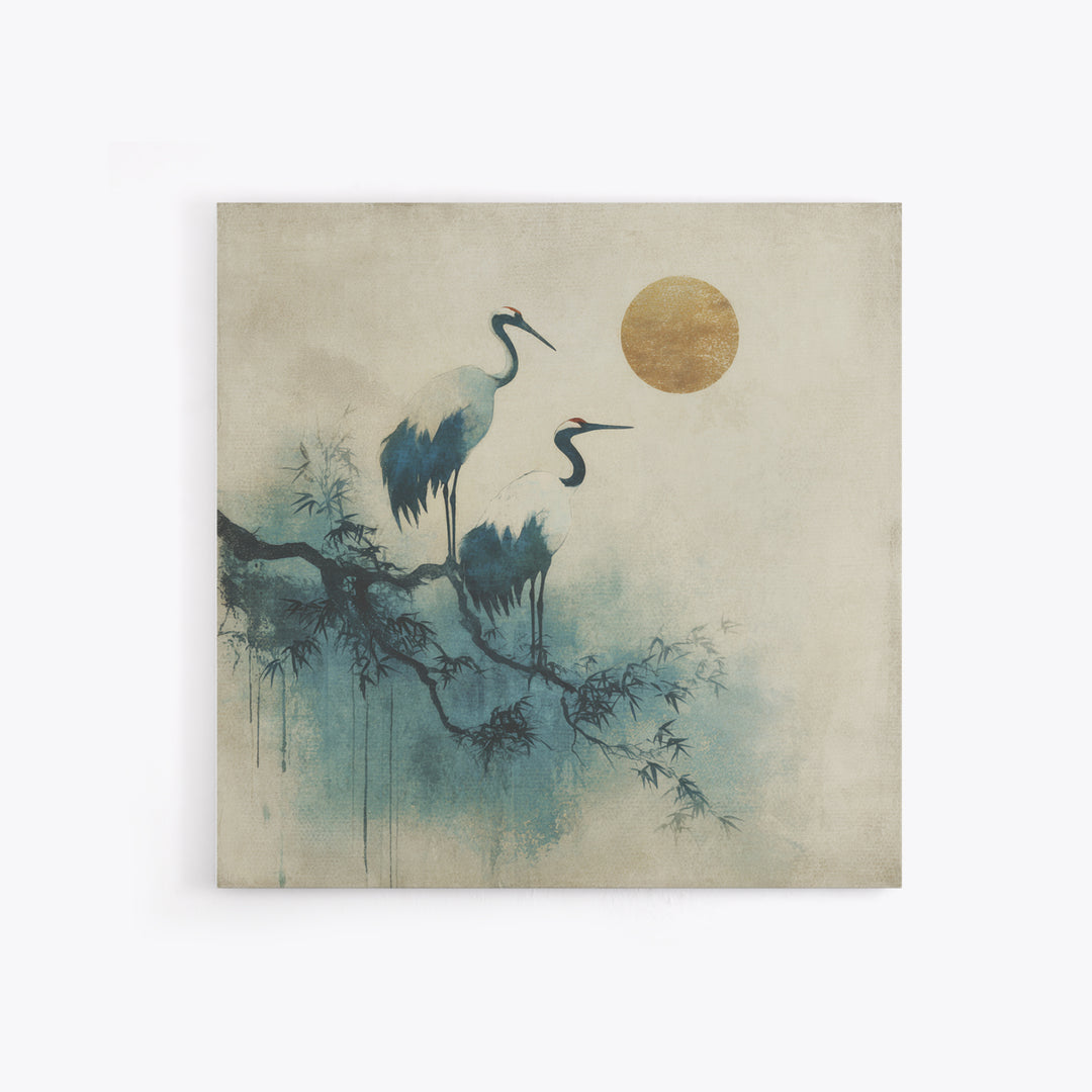 Crane and Moon Composition Framed Canvas Print, Asian Inspired Art, Japanese Art Print, Living Room Decor, Abstract Art, ASI-1x1-72