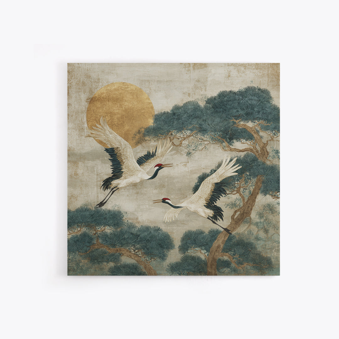Red Crowned Cranes Flying Through Misty Pine Canvas Print, Asian Inspired Art, Art Print, Living Room Decor, Harmony, ASI-1x1-73
